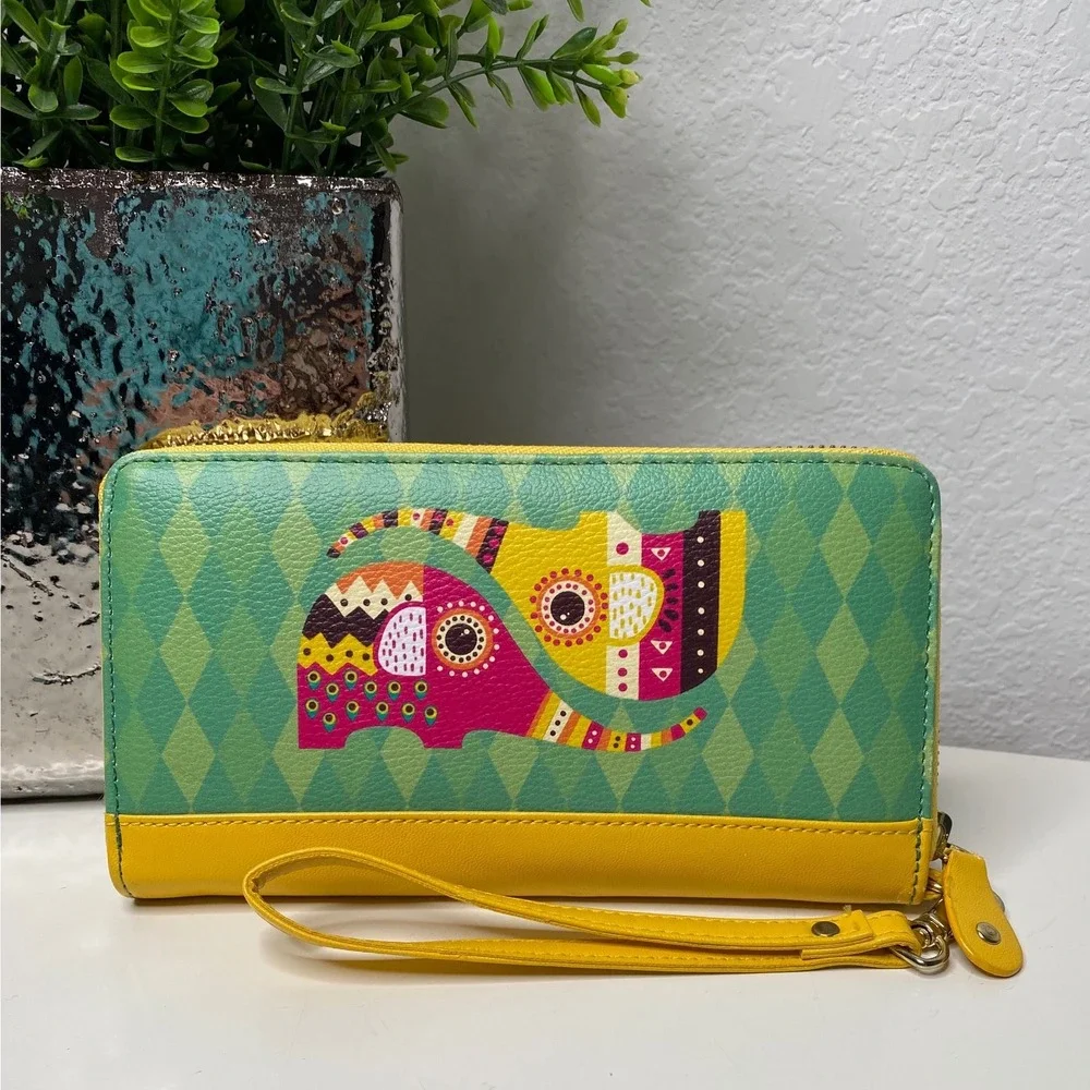 Chumbak Wristlet Wallet‎ Womens Green Yellow Elephant Zip Around Boho Chic
